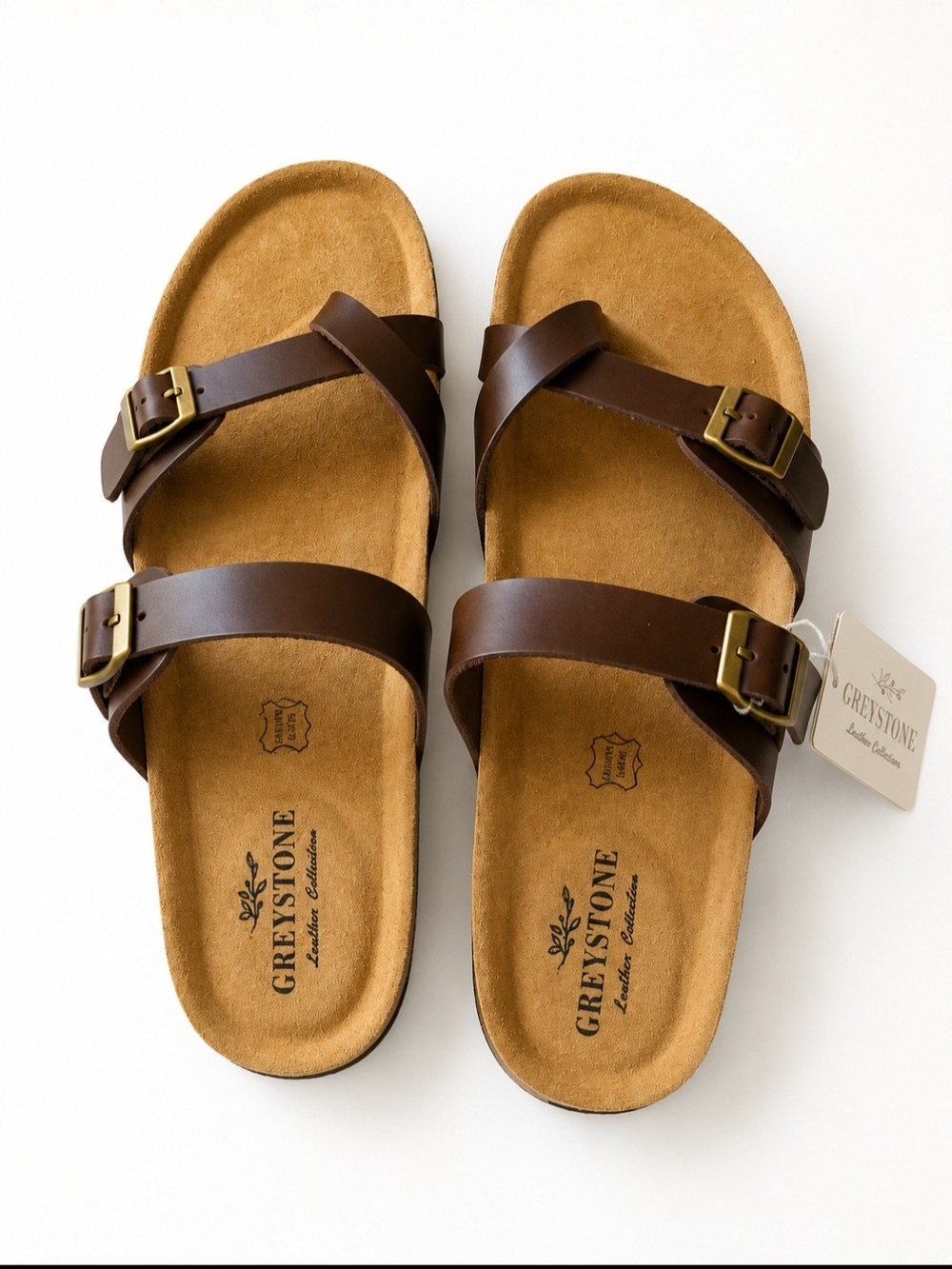 Greystone Brown Leather Double-Buckle Slide Sandals